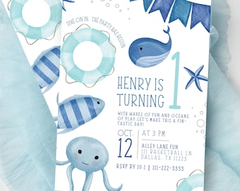 Faire-part d'anniversaire ONEder the Sea | Premier anniversaire garçon | Thème océan sous la mer | Modèle de toile modifiable 5 x 7 | Texte Imprimer E-mail
