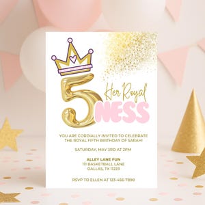 Invitación para el quinto cumpleaños de la princesa / Plantilla editable de Canva para su quinta realeza / Invitación digital para fiesta de niña (5x7)