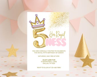 Prinzessin 5. Geburtstagseinladung | Ihre königliche Fünfheit bearbeitbare Canva Vorlage | Digital Girl Party Einladung 13x18