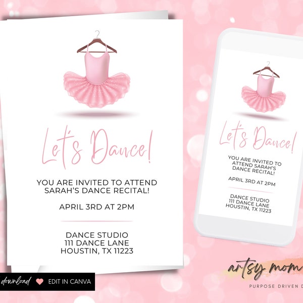 Let's Dance, Editable Ballet Recital Invitation, Dance Recital Invitation, Evite, Digital Download - Phone, Print and Email Sizes