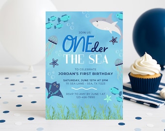 Invitation 1er anniversaire sous la mer | Invitation à une première fête d'anniversaire sur le thème de l'océan | Modèle de toile modifiable 5 x 7 téléchargement numérique