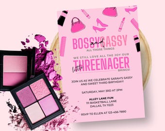 Little Miss Threenager Invitation | Third Girl Birthday Makeup Birthday Invite | 3rd Makeup Birthday | 5x7 Digital Download | Canva Template