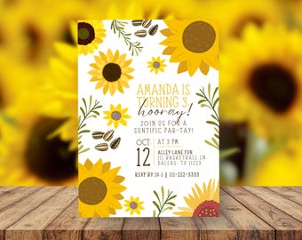 Plantilla de invitación de cumpleaños con girasoles, invitación de cumpleaños para niña, cumpleaños floral para cualquier edad, invitación editable en Canva, descarga digital