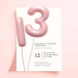 13th Birthday Invitation Editable, Thirteenth Birthday Invite, Pink Girl Birthday Party, Instant Download, Digital Invite, Canva Template