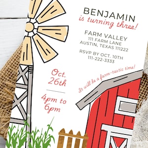 Farm Birthday Invitation Template, Farm Animals Kids Birthday Party Invite, Printable Editable Barnyard Invitation, Instant Download, Canva