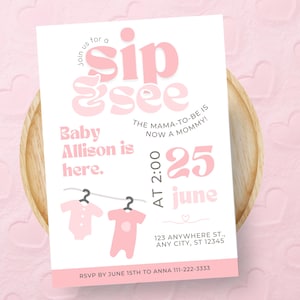 Sip and See Baby Girl Invite, Pink Meet and Greet Invitation, Printable Editable Invite, Sip and See - Girl Evite, Instant Download, Canva