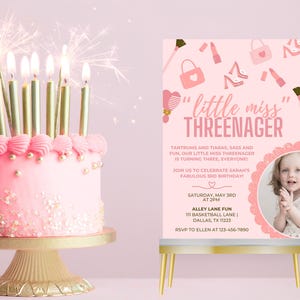 Little Miss Threenager Invitation: Pink 3rd Birthday, Customizable in Canva (Digital Download)