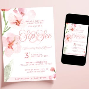 Sip and See Baby Girl Invitation, Pink Floral Sip and See Invite, Meet and Greet, Editable Invitation, Girl Baby Shower, Instant Download
