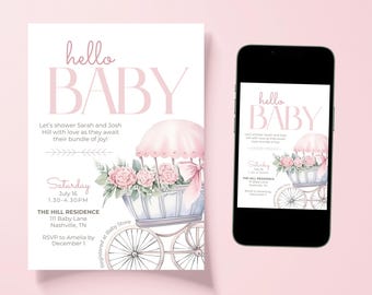 Pink Bow Baby Shower Invitation | Coquette Girl Baby Shower Invite | Pink Bows Baby Shower | Editable Canva Template | Digital Download