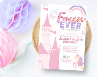 Inbjudan till 4-årsdag med enhörning | Redigerbar regnbåge och slott i pastellfärgad fest | Canva-mall | Digital nedladdning av födelsedagsinbjudan för flicka