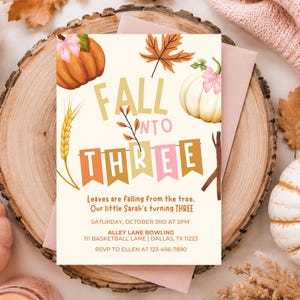 Pink Pumpkin 3rd Birthday | Fall Into Three Birthday Invitation | Editable Girl Fall Birthday Invite | Autumn Birthday | Instant Download