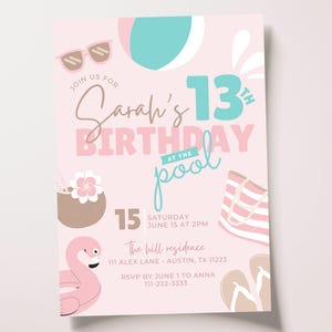 Bearbeitbare Pool-Party Einladung | Pastell Sommer Geburtstag einladen | Girls Pool Party Vorlage | Bearbeitbares Canva Design | 5 x 7 Digitaler Download