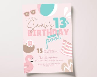 Invitación editable para fiesta en la piscina / Invitación de cumpleaños veraniega en tonos pastel / Plantilla para fiesta en la piscina para niñas / Diseño editable en Canva / Descarga digital de 5x7 pulgadas