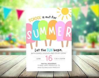 Invitación para fiesta de verano con paleta de arcoíris / Fiesta de fin de curso de Evite / Invitación de verano para niños / Plantilla editable de Canva