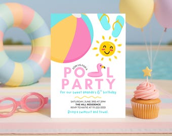 Invitación a fiesta en la piscina para niñas / Invitación de cumpleaños de verano rosa / Plantilla editable de Canva / Descarga digital de 5x7