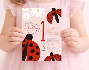 Ladybug First Birthday Invitation | Girl 1st Birthday Invite | Editable Canva Template | Ladybug Theme Party | Digital Download 5x7