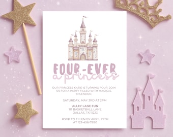 Editable Four ever a Princess 4th Birthday Invitation, Fourth Floral Princess Birthday Invite, Royal Magical Castle, Digital Download, Canva