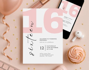 16th Birthday Invitation: Pink Party, Sweet 16 Invite, Sixteenth Birthday, Editable Canva Template (Digital Download)