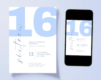 Invito per il 16° compleanno: festa in azzurro, invito per i 16 anni, sedicesimo compleanno di un ragazzo, modello Canva modificabile (download digitale)