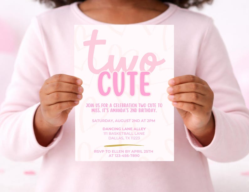 Dois convites fofos de aniversário | Convite rosa para menina de 2 anos | Aniversário de 2 anos de menina | Dois convites fofos | Tema de coração | Download digital Canva imagem 5