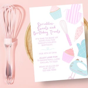 Baking Birthday Invitation Template | Pink Cooking Party Invite | Cupcake Decorating Digital Template | Editable Canva | Instant Download