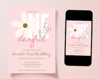 Daisy 1st Birthday Invitation | Little Miss Onederful Invite | Editable Canva Template | Floral First Birthday Girl | Digital Download 5x7