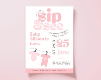 Invitación rosa para la celebración de bienvenida de una niña / Plantilla editable de Canva / Invitación digital imprimible de 5x7 pulgadas