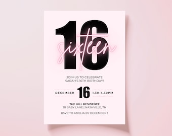 Editable Black and Pink Sweet 16 Invitation | Teen Girl Birthday Party Invite | Sixteenth Birthday Canva Template | Digital Download 5x7