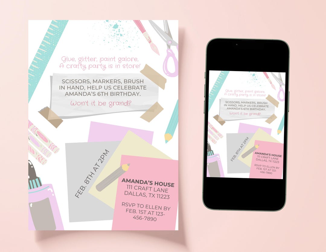 Editable Girls Craft Party Invitation | Arts and Crafts Birthday Invite ...