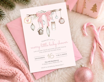 May include: A rectangular baby shower invitation card on a pink envelope featuring a watercolor illustration of a branch with a large pink bow, hanging ornaments, a small house, and a baby bottle. The text reads: please join us for a merry little baby shower, December 16, 1.30-4.30PM, The Hill Residence, 111 Baby Lane, Nashville, TN, RSVP to Amelia by December 1.