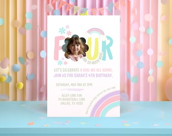 Rainbow 4th Birthday Invitation with Photo | Fourth Birthday Girl | Pastel Birthday Invite | Editable Canva Template | 5x7 Digital Download
