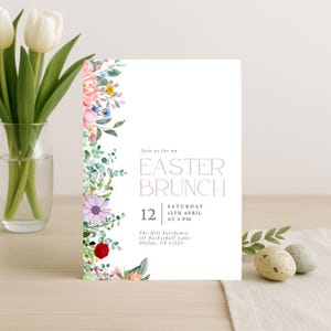 Invitación para brunch de Pascua / Invitación para fiesta primaveral con flores silvestres / Invitación floral para almuerzo de Pascua / Plantilla editable de invitación de Pascua / Descarga instantánea