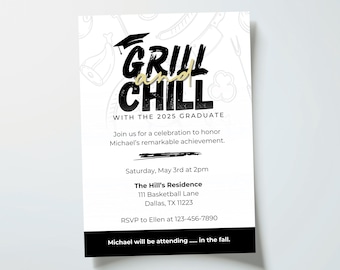 Grill and Chill Graduation Party Invitation, BBQ Grad Party Invite, College High School Graduation, Cookout Grad Party, Instant Download