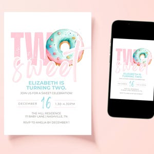 Editable Two Sweet Birthday Invitation, 2nd Birthday Girl Invite, Second Birthday Donut Theme, Two Sweet Digital Invite, Instant Download