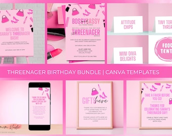 Paquete de invitaciones de cumpleaños para la pequeña Miss Threenager: Maquillaje (Editar en Canva)