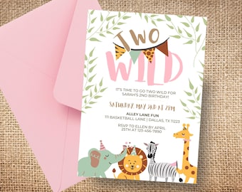 Invitación de cumpleaños para niña de dos años con temática de safari salvaje: Niña de 2 años / Tema de animales de la selva / Descarga digital de 5x7 pulgadas / Plantilla de Canva