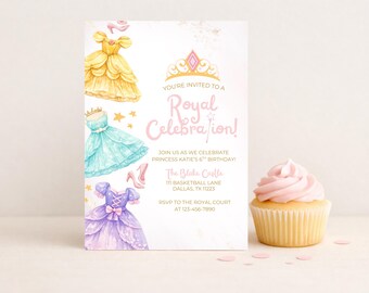 Prinzessin Kleider-Geburtstags-Einladung | Es war einmal Prinzessin Party | Königliche Feier | Bearbeitbare Canva Vorlage | Digitaler Download