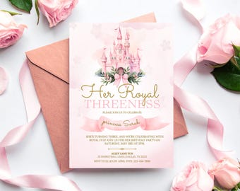Princess 3rd Birthday Invitation | Her Royal Threeness | Editable Canva Template | Castle Theme | Digital Download | Text Email or Print 5x7