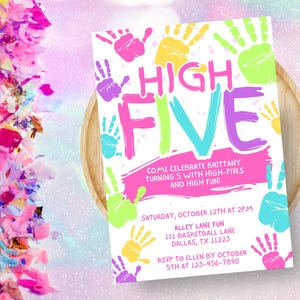 High Five Geburtstagseinladungsvorlage, bearbeitbar Hi Five einladen, Mädchen 5. Geburtstag Gemälde, druckbare Hi 5 einladen, Canva Sofort-Download