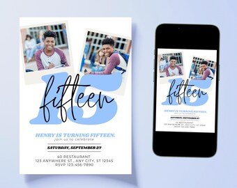 Redigerbar födelsedagsinbjudan för tonårspojke | Mall för 15-årsfest | Digital nedladdning av femtonde födelsedag | Canva-mall 5x7