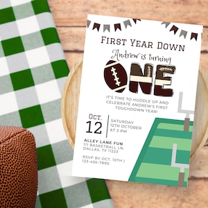 Editable First Year Down Football Birthday Invitation, Digital Football Invite, Boy First Birthday, Instant Download, Digital Template Canva