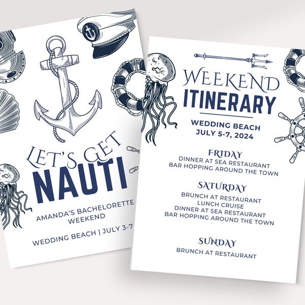 Plantilla de invitación para despedida de soltera con temática náutica: Itinerario editable (Invitación digital)