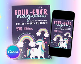 Invitación de cumpleaños de unicornio para niña de 4 años / Cumpleañera de 4 años / Invitación digital editable para fiesta temática de arcoíris en tonos pastel / Plantilla de Canva / Descarga digital de invitación de 5x7 pulgadas