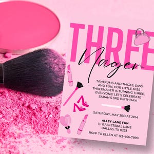 Little Miss Threenager Birthday Invitation: Pink Makeup Theme (Canva Template)