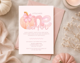 May include: A rectangular birthday invitation card in light pink featuring a watercolour pumpkin with a pink bow, the text Little Miss One-derful, and event details for Amanda's 1st birthday on Saturday, 19th October at 2pm in Dallas, TX 11223.