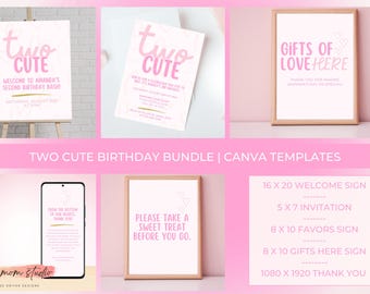 Two Cute Birthday Invitation Bundle | 2nd Birthday Girl Pink Invite Set  | Two Cute Digital Birthday Invite | Heart Theme | Instant Download