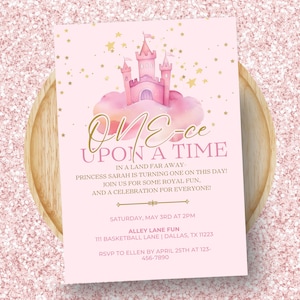 Editable Princess 1st Birthday Party Invitation, ONE-ce Upon a Time Theme, Pink Girl First Birthday Invite, Instant Download, Canva Template