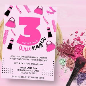 Little Miss Threenager Birthday Invitation: Pink Makeup Theme (5x7 Editable Template - Digital Download)