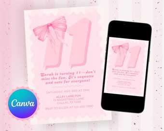 Eleventh Birthday Invitation | 11th Coquette Bow Pink Girl Eleventh Birthday Party Invite | Editable Canva Template | Digital Download