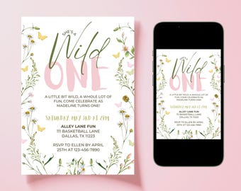 Wild One Birthday Invitation | Floral Girl First Birthday | Editable Canva Template | 5x7 Digital Download Printable Invite